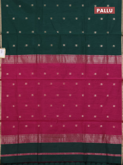 Semi maheswari cotton saree green and magenta pink with zari woven buttas and small zari woven border