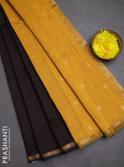 Semi maheswari cotton saree dark coffee brown and mustard yellow with zari woven buttas and small zari woven border