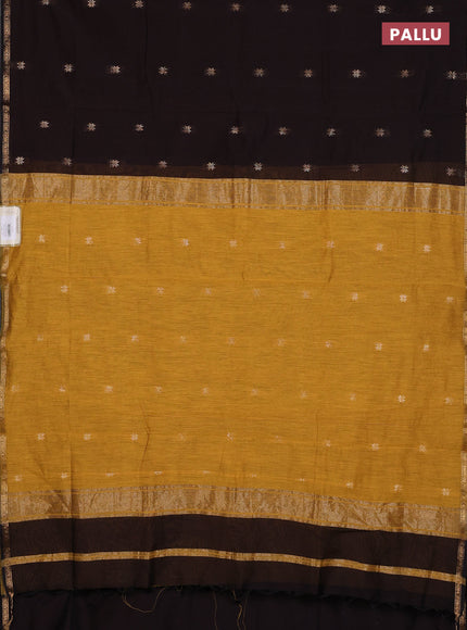 Semi maheswari cotton saree dark coffee brown and mustard yellow with zari woven buttas and small zari woven border