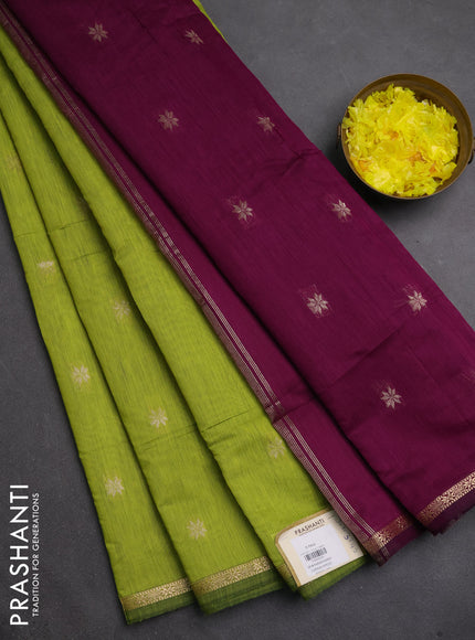 Semi maheswari cotton saree lime green and purple with zari woven buttas and small zari woven border