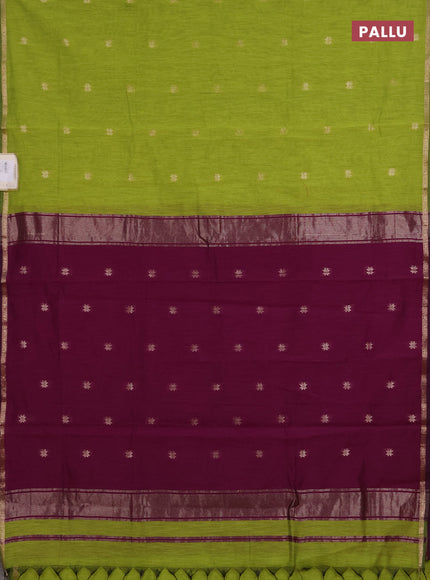 Semi maheswari cotton saree lime green and purple with zari woven buttas and small zari woven border