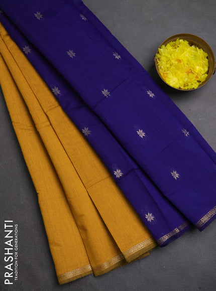 Semi maheswari cotton saree mustard yellow and navy blue with zari woven buttas and small zari woven border
