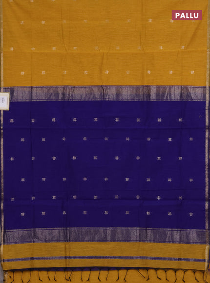 Semi maheswari cotton saree mustard yellow and navy blue with zari woven buttas and small zari woven border
