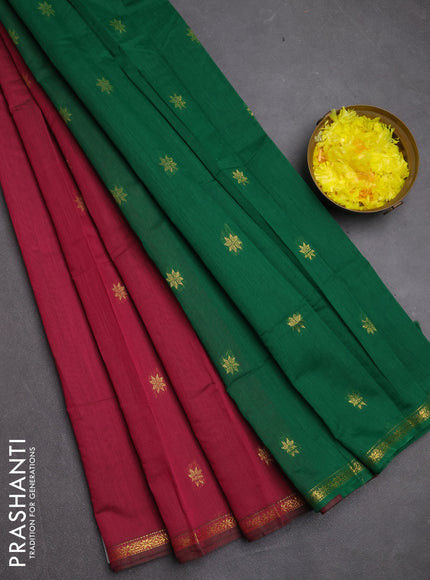 Semi maheswari cotton saree pink shade and green with zari woven buttas and small zari woven border