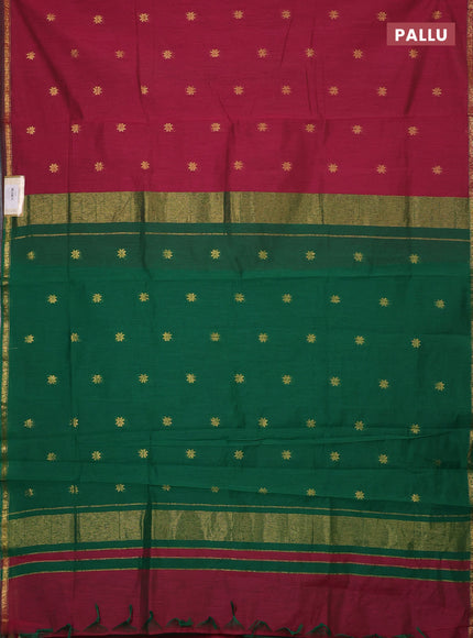 Semi maheswari cotton saree pink shade and green with zari woven buttas and small zari woven border