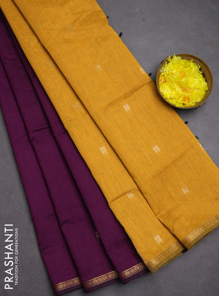 Semi maheswari cotton saree deep purple and mustard yellow with zari woven buttas and small zari woven border