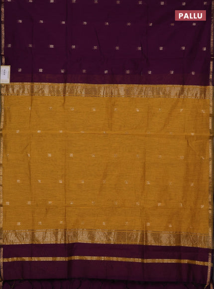Semi maheswari cotton saree deep purple and mustard yellow with zari woven buttas and small zari woven border