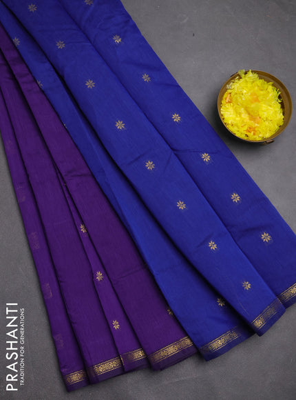 Semi maheswari cotton saree violet and blue with zari woven buttas and small zari woven border