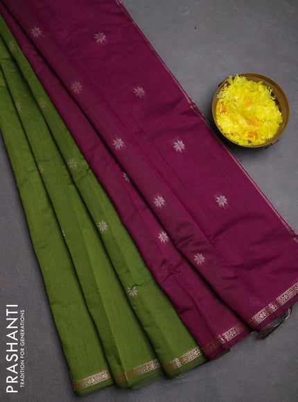 Semi maheswari cotton saree mehendi green and purple with zari woven buttas and small zari woven border