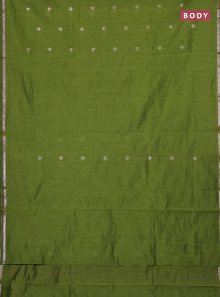 Semi maheswari cotton saree mehendi green and purple with zari woven buttas and small zari woven border