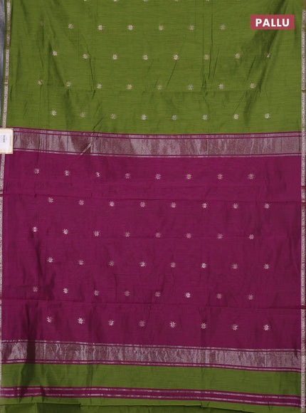 Semi maheswari cotton saree mehendi green and purple with zari woven buttas and small zari woven border