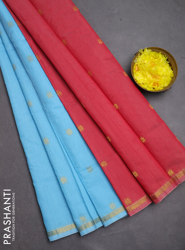 Semi maheswari cotton saree teal blue and maroon with zari woven buttas and small zari woven border