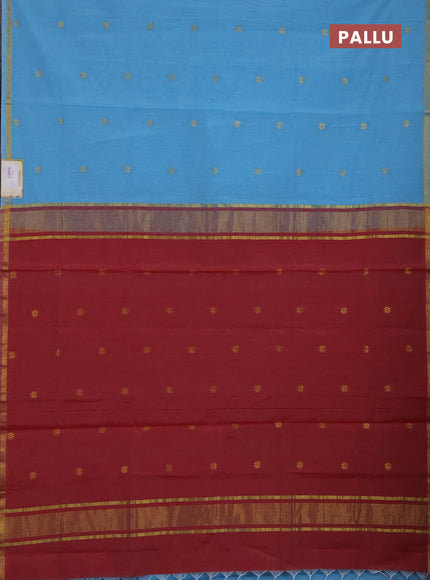Semi maheswari cotton saree teal blue and maroon with zari woven buttas and small zari woven border