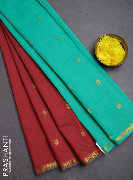 Semi maheswari cotton saree maroon and teal green with zari woven buttas and small zari woven border