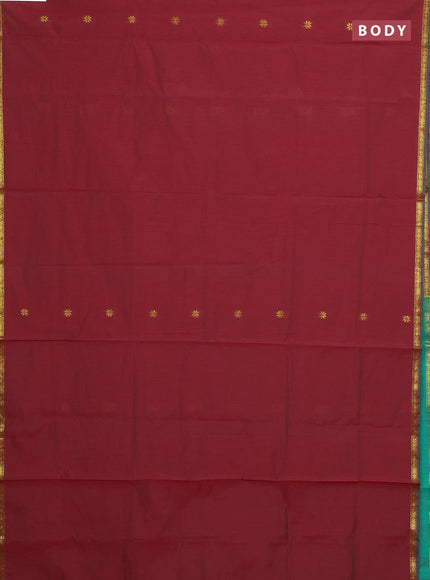 Semi maheswari cotton saree maroon and teal green with zari woven buttas and small zari woven border