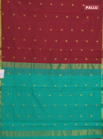 Semi maheswari cotton saree maroon and teal green with zari woven buttas and small zari woven border