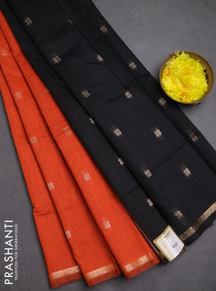Semi maheswari cotton saree orange and black with zari woven buttas and small zari woven border