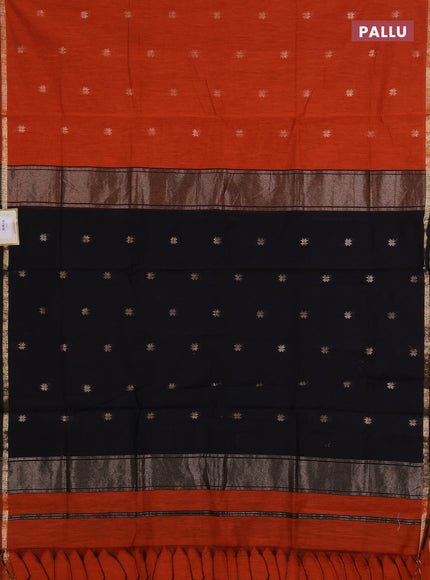 Semi maheswari cotton saree orange and black with zari woven buttas and small zari woven border