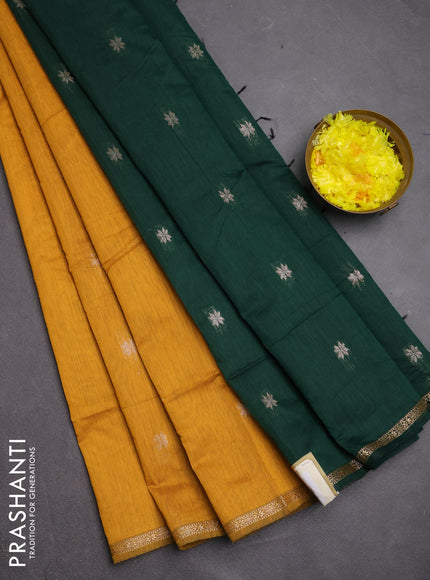 Semi maheswari cotton saree mustard yellow and bottle green with zari woven buttas and small zari woven border