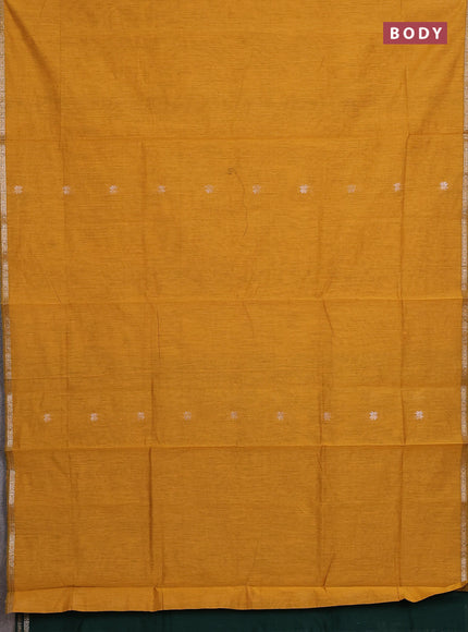 Semi maheswari cotton saree mustard yellow and bottle green with zari woven buttas and small zari woven border
