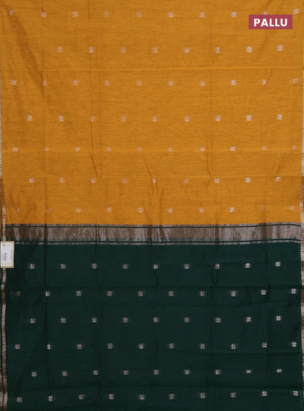 Semi maheswari cotton saree mustard yellow and bottle green with zari woven buttas and small zari woven border