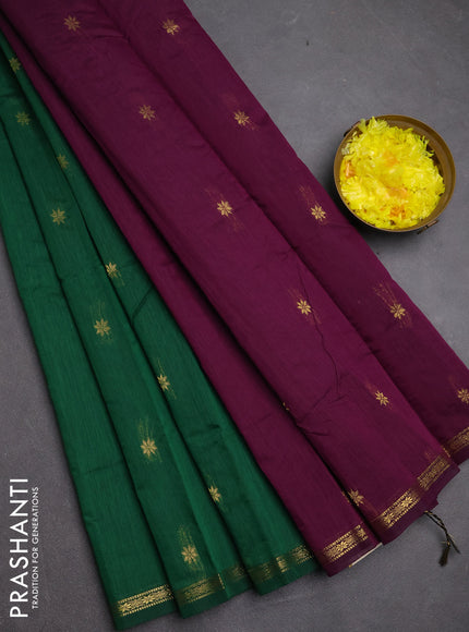 Semi maheswari cotton saree green and deep purple with zari woven buttas and small zari woven border