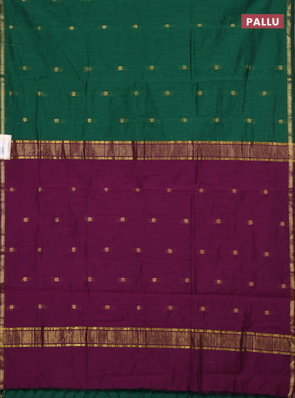 Semi maheswari cotton saree green and deep purple with zari woven buttas and small zari woven border