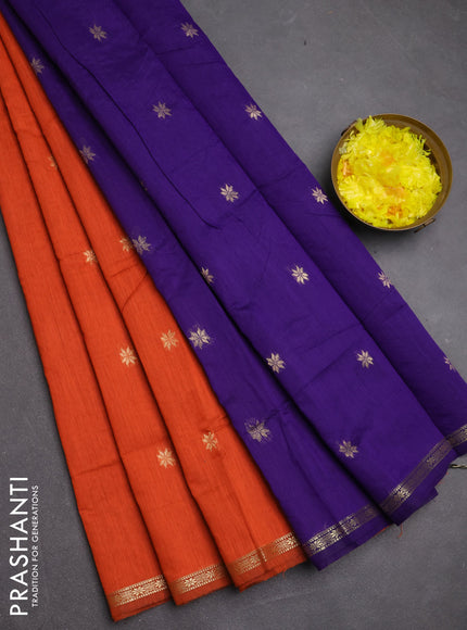 Semi maheswari cotton saree orange and violet with zari woven buttas and small zari woven border