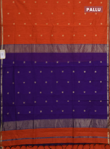 Semi maheswari cotton saree orange and violet with zari woven buttas and small zari woven border
