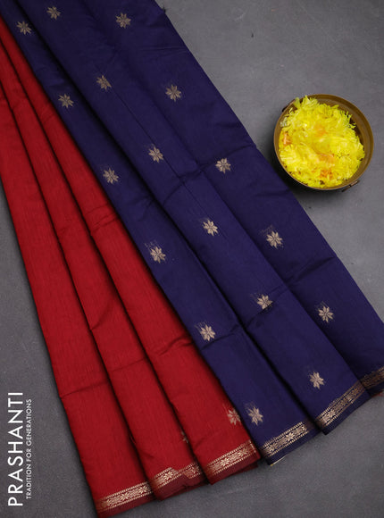 Semi maheswari cotton saree maroon and navy blue with zari woven buttas and small zari woven border