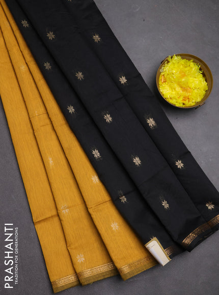 Semi maheswari cotton saree mustard yellow and black with zari woven buttas and small zari woven border