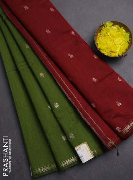 Semi maheswari cotton saree mehendi green and maroon with zari woven buttas and small zari woven border