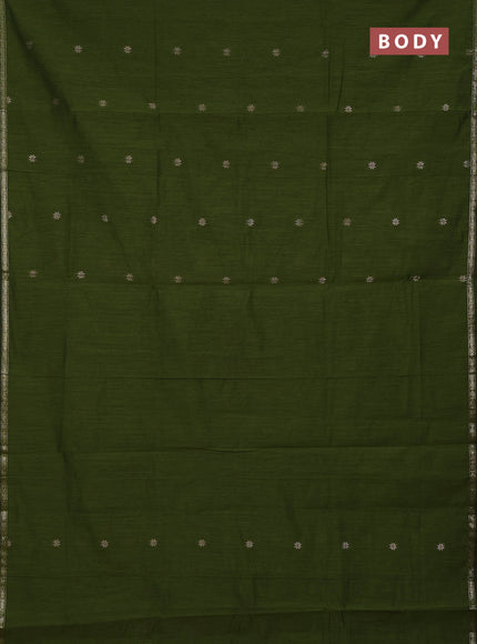 Semi maheswari cotton saree mehendi green and maroon with zari woven buttas and small zari woven border