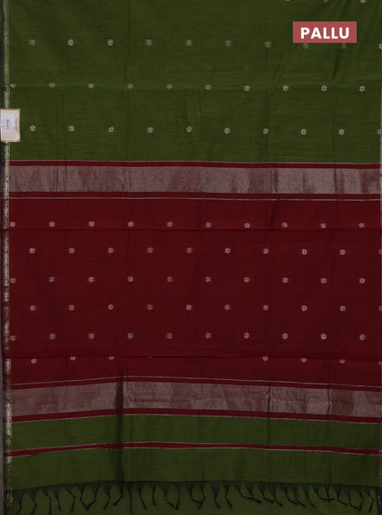 Semi maheswari cotton saree mehendi green and maroon with zari woven buttas and small zari woven border
