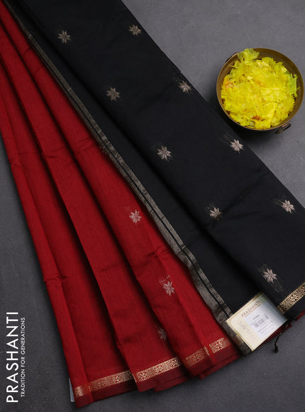 Semi maheswari cotton saree maroon and black with zari woven buttas and small zari woven border