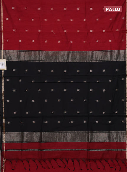 Semi maheswari cotton saree maroon and black with zari woven buttas and small zari woven border