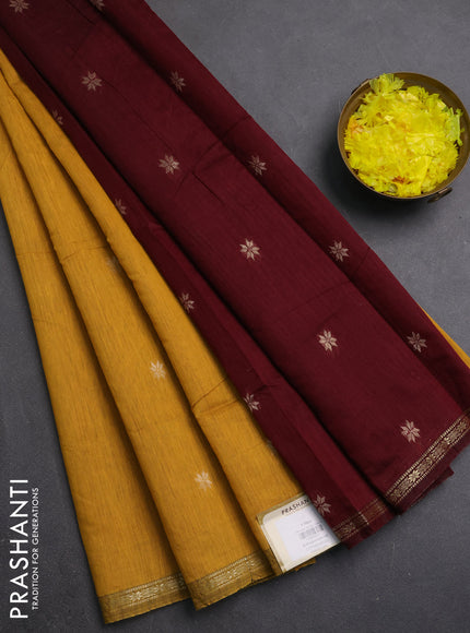 Semi maheswari cotton saree mustard yellow and maroon with zari woven buttas and small zari woven border
