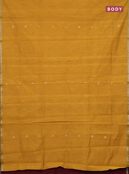 Semi maheswari cotton saree mustard yellow and maroon with zari woven buttas and small zari woven border