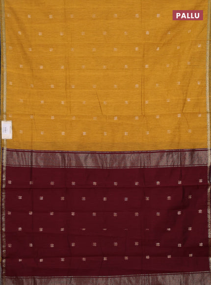 Semi maheswari cotton saree mustard yellow and maroon with zari woven buttas and small zari woven border