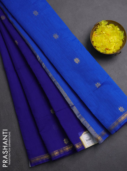 Semi maheswari cotton saree blue and cs blue with zari woven buttas and small zari woven border