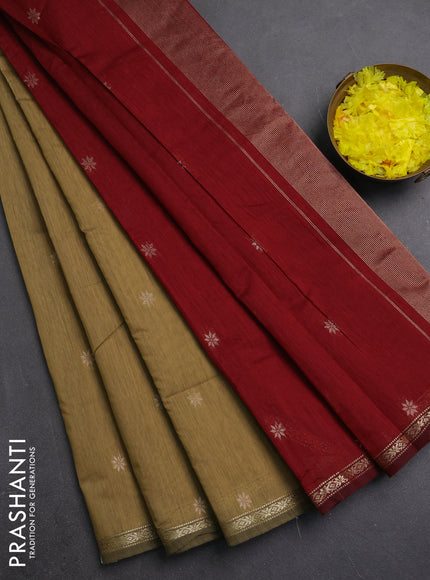 Semi maheswari cotton saree mehendi green shade and maroon with zari woven buttas and small zari woven border