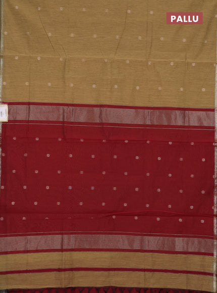 Semi maheswari cotton saree mehendi green shade and maroon with zari woven buttas and small zari woven border