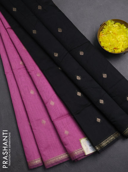 Semi maheswari cotton saree pink and black with zari woven buttas and small zari woven border