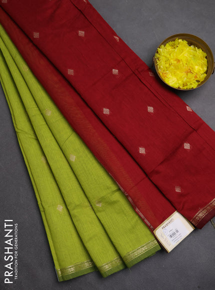 Semi maheswari cotton saree lime green and maroon with zari woven buttas and small zari woven border
