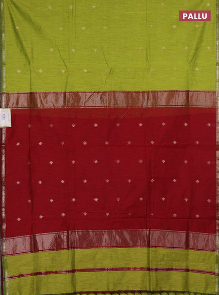 Semi maheswari cotton saree lime green and maroon with zari woven buttas and small zari woven border