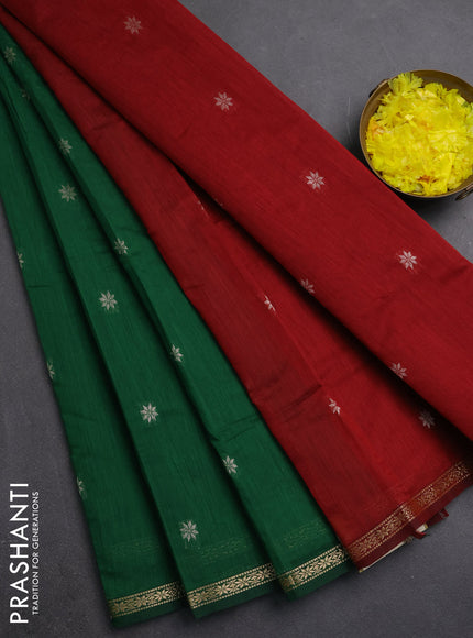 Semi maheswari cotton saree green and maroon with zari woven buttas and small zari woven border