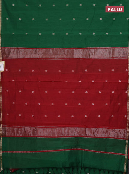 Semi maheswari cotton saree green and maroon with zari woven buttas and small zari woven border