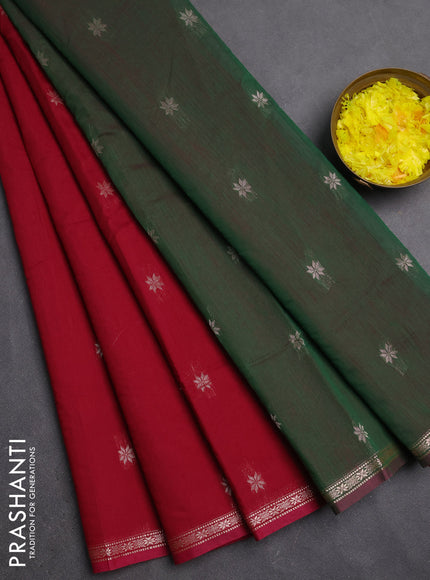 Semi maheswari cotton saree maroon and green shade with zari woven buttas and small zari woven border