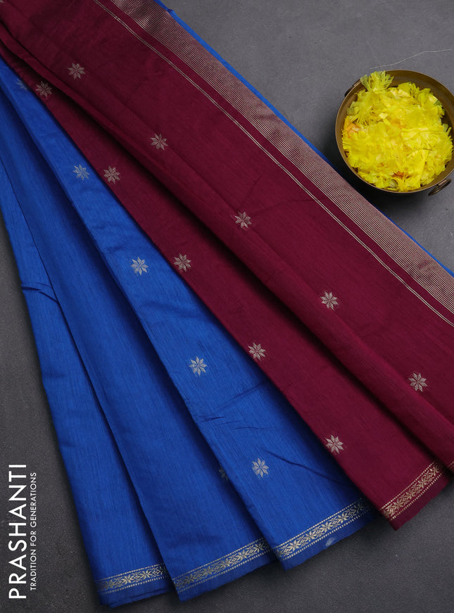 Semi maheswari cotton saree blue and purple with silver zari woven buttas and small zari woven border