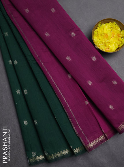 Semi maheswari cotton saree bottle green and purple with silver zari woven buttas and small zari woven border